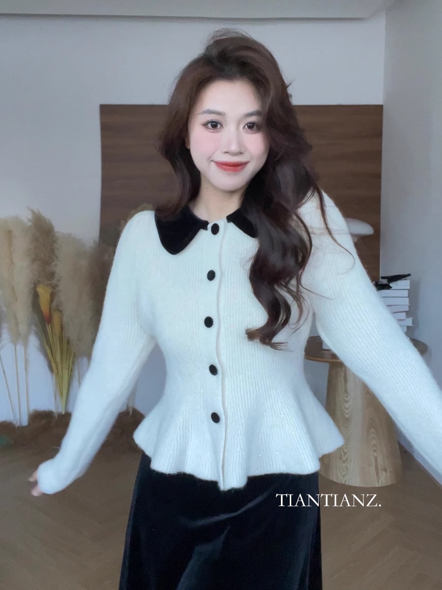 法式撞色POLO領毛衣外套女裝春秋2024新款設計感顯瘦百搭針織開衫