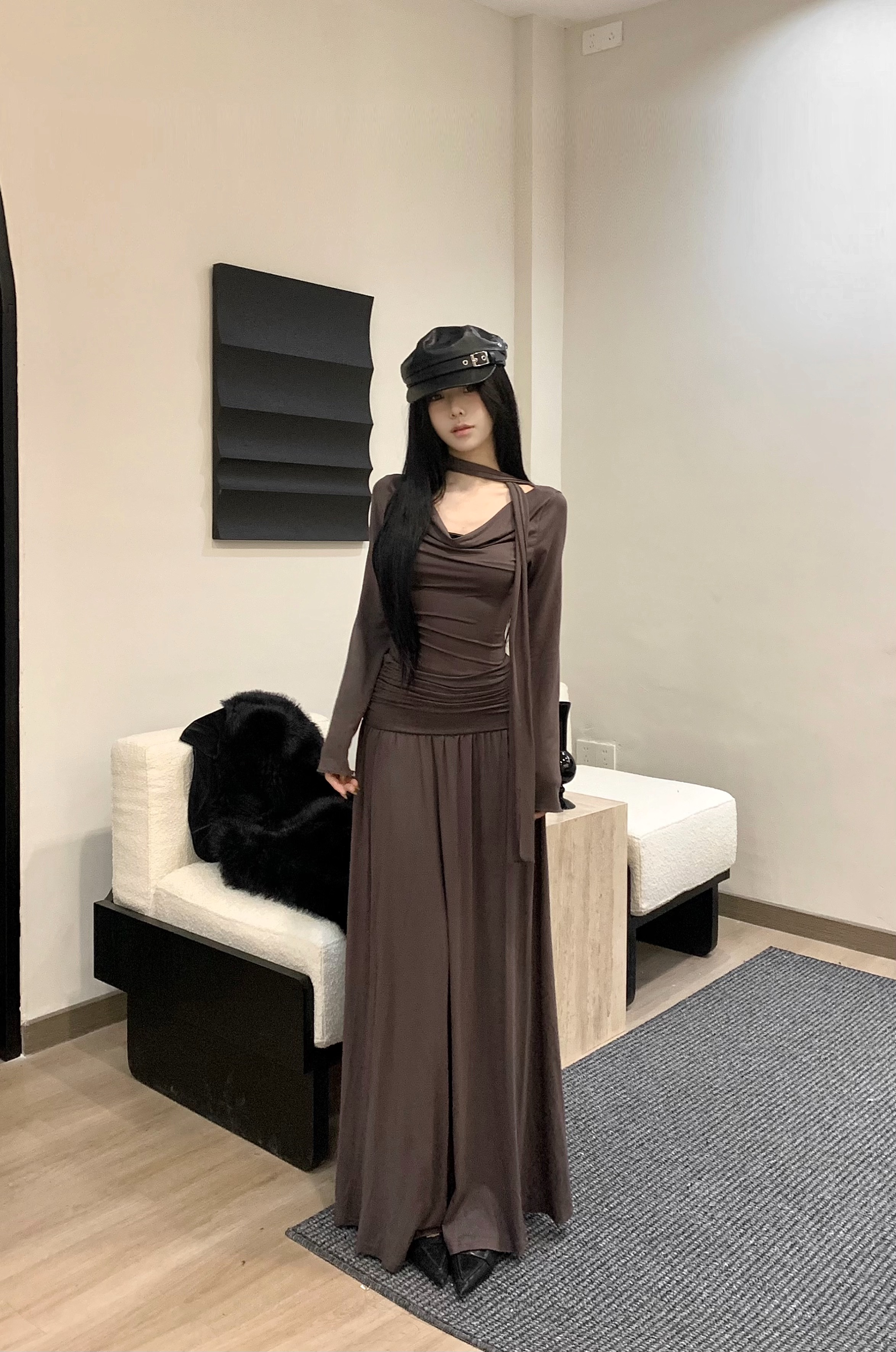 實拍~蕩蕩領長袖連衣裙女秋冬法式溫柔氣質修身褶皺收腰長裙