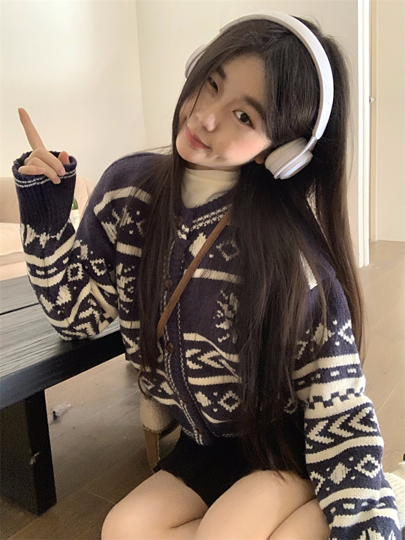 實拍 韓版寬鬆提花氛圍感針織開衫毛衣外套女