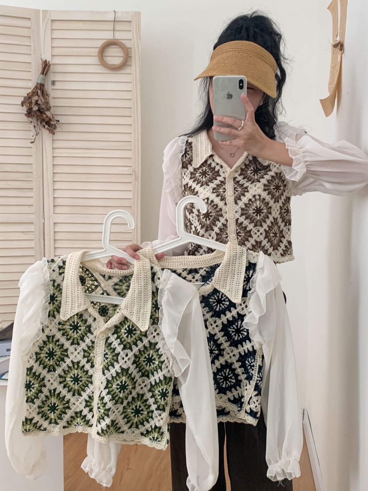 鈎花刺繡拼接雪紡女士襯衫春季裝設計感小眾長袖襯衣法式短款上衣