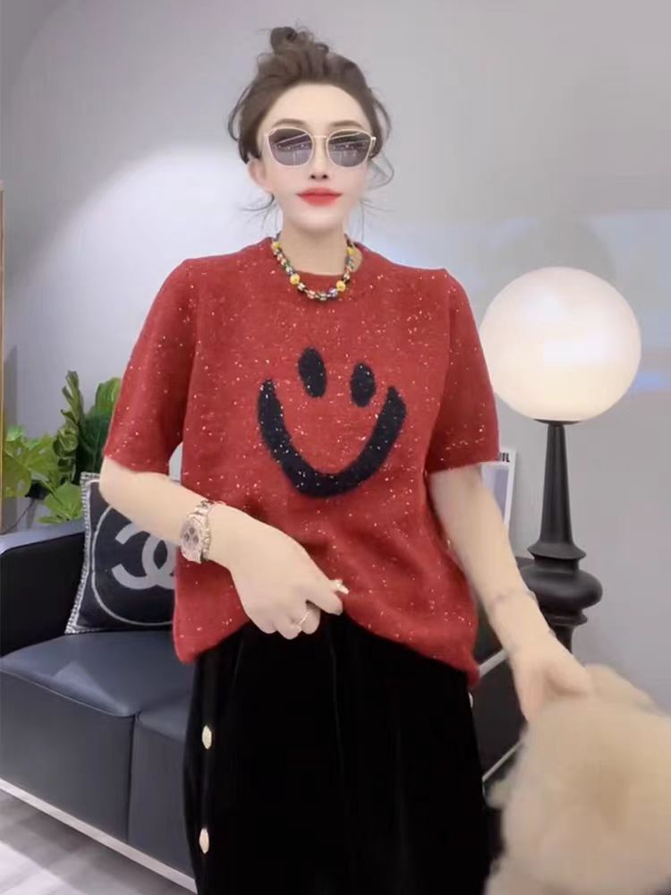 歐貨減齡圓領笑臉半袖毛衣女2023年秋冬季時尚寬鬆短袖針織上衣潮