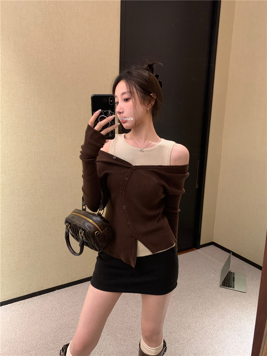 實拍 兩穿針織衫女秋季開衫背心修身顯瘦內搭打底衫長袖上衣