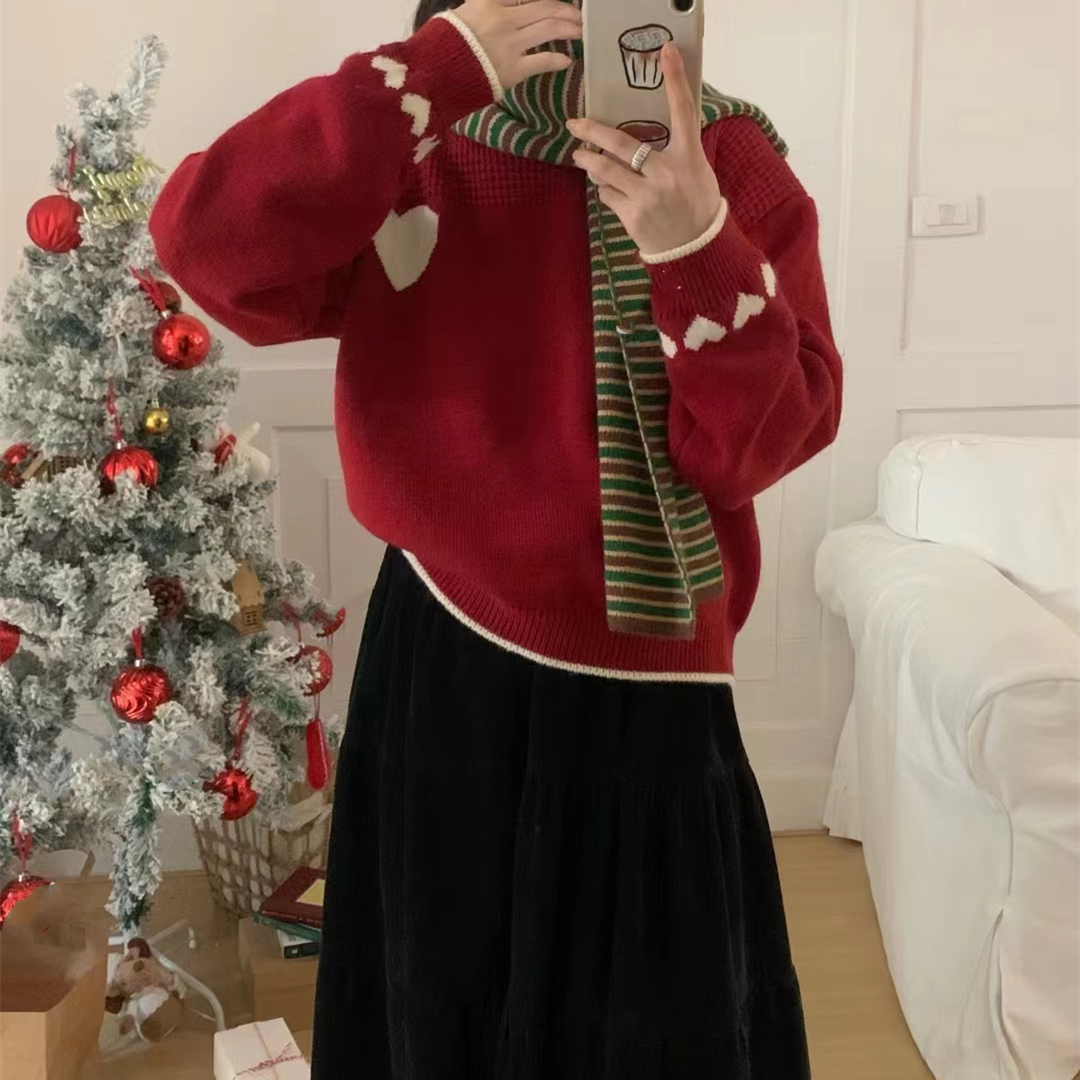 Korean version of contrasting color love jacquard pullover sweater for women in autumn and winter new loose, sweet and versatile soft waxy sweater top