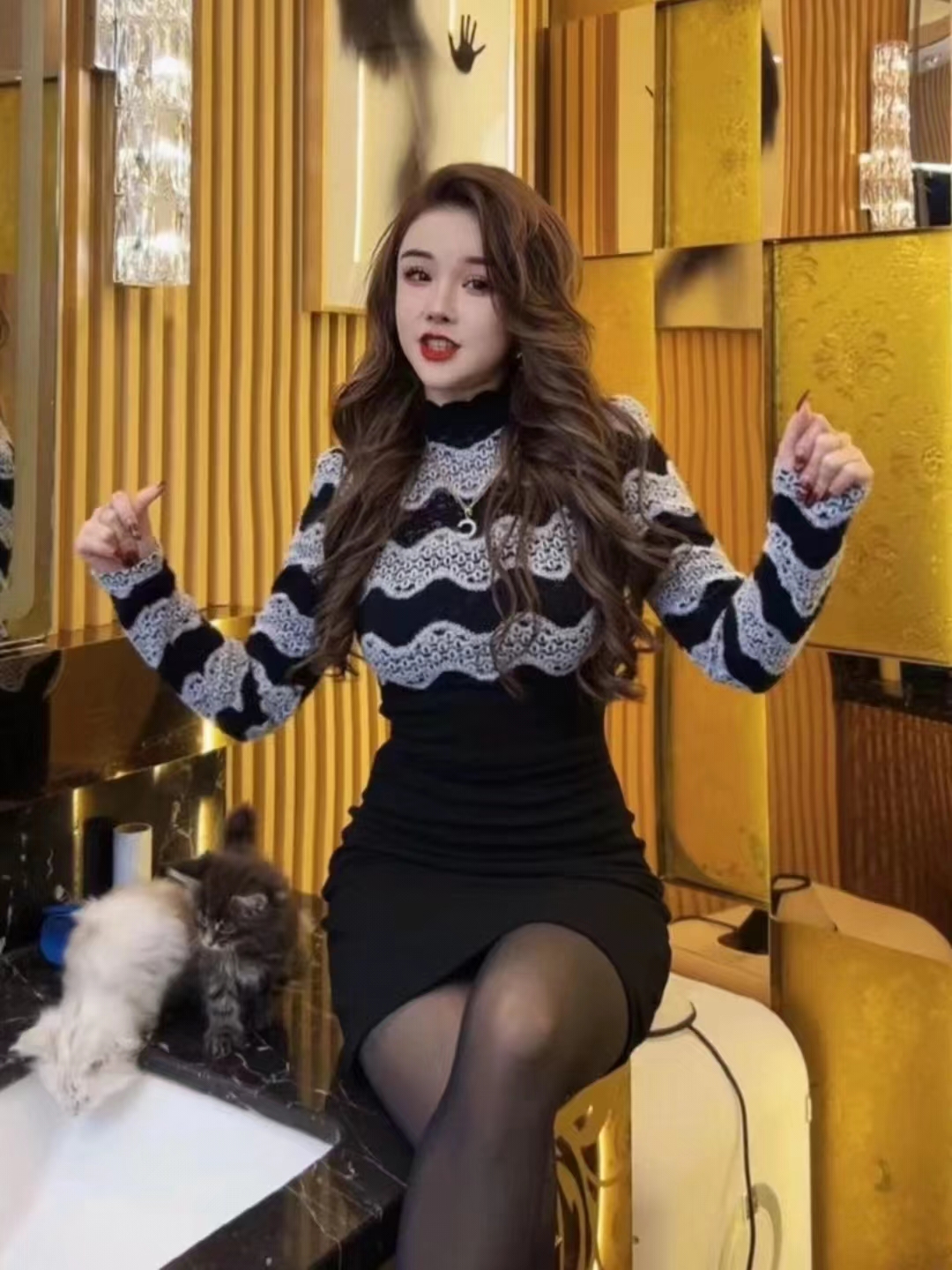 蛋蛋設計師輕奢氣質時尚修身顯瘦收腰長袖設計感連衣裙YM6616