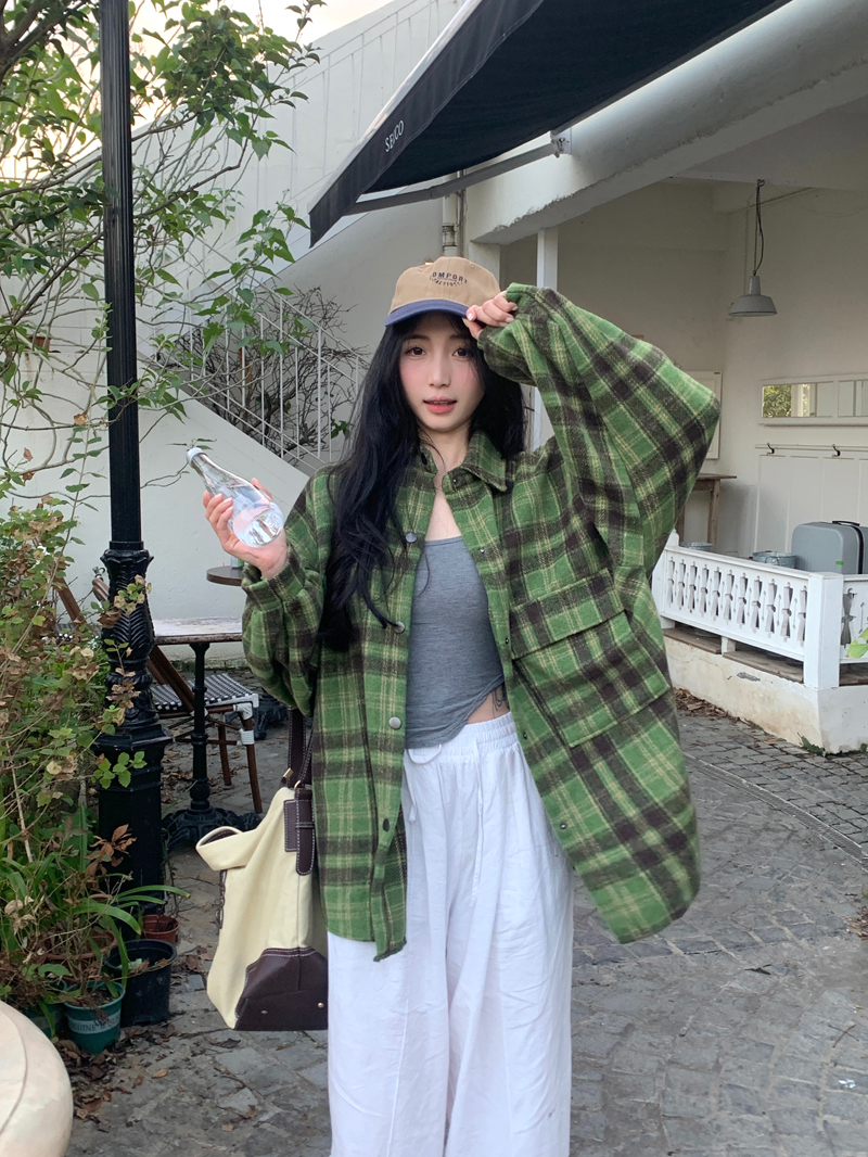 實拍 磨毛加厚秋冬寬鬆顯瘦格子長袖襯衫女新款百搭小眾襯衣外套