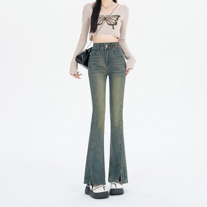 實拍~復古高腰微喇牛仔褲女2023秋季新款修身顯瘦開叉喇叭褲