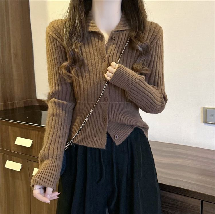 實拍~秋冬新款設計感polo領高腰顯瘦開衫毛衣女