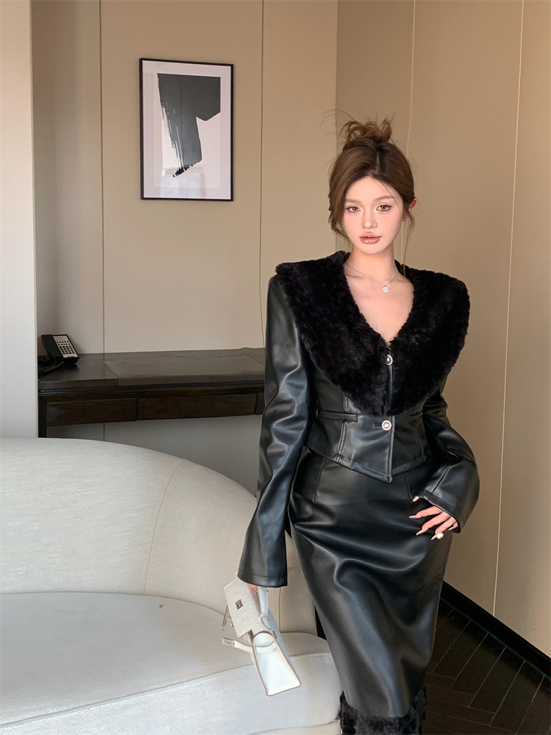 實拍辣妹套裝女秋冬2023設計感時尚黑色西裝外套+皮裙