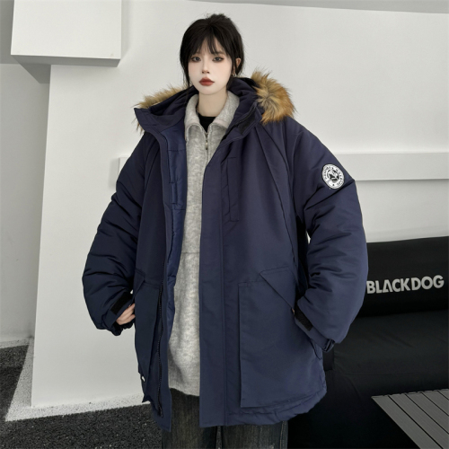 Real shot#Navy blue pie jacket women's  winter Korean version thickened workwear large fur collar cotton jacket trend