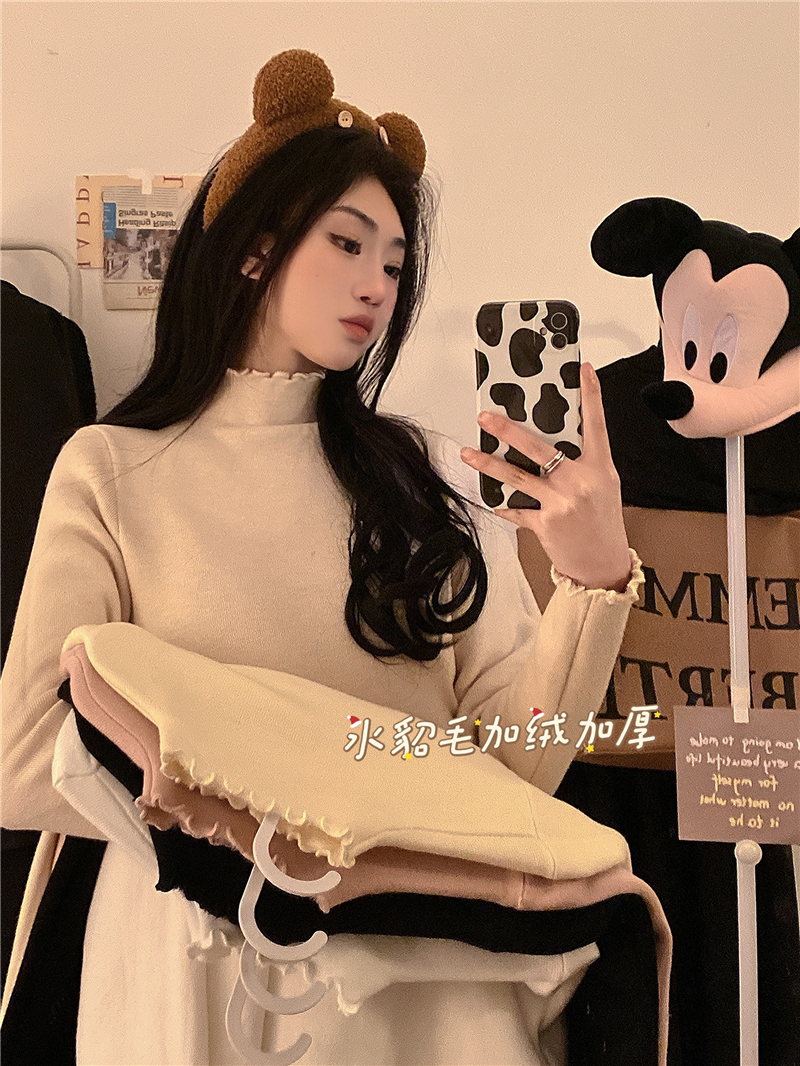 Real shot!  Winter mink fur plus velvet thickened bottoming shirt half turtleneck fungus edge knitted sweater