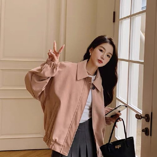 2024 Spring Leather Pink Baseball Jacket Korean Style Sweet Loose Casual College Style Jacket Top