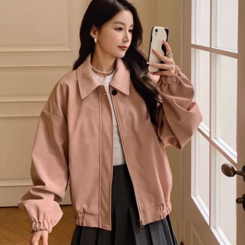 2024 Spring Leather Pink Baseball Jacket Korean Style Sweet Loose Casual College Style Jacket Top