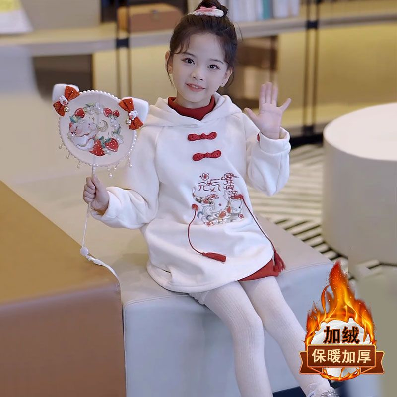 女童新年連衣裙兒童中國風拜年服冬季加絨女孩大童假兩件過年裙子