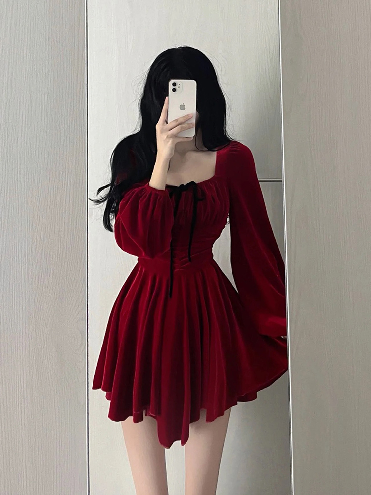 小個子高級感名媛氣質小香風紅色裙子絲絨小禮服公主連衣裙女秋裝