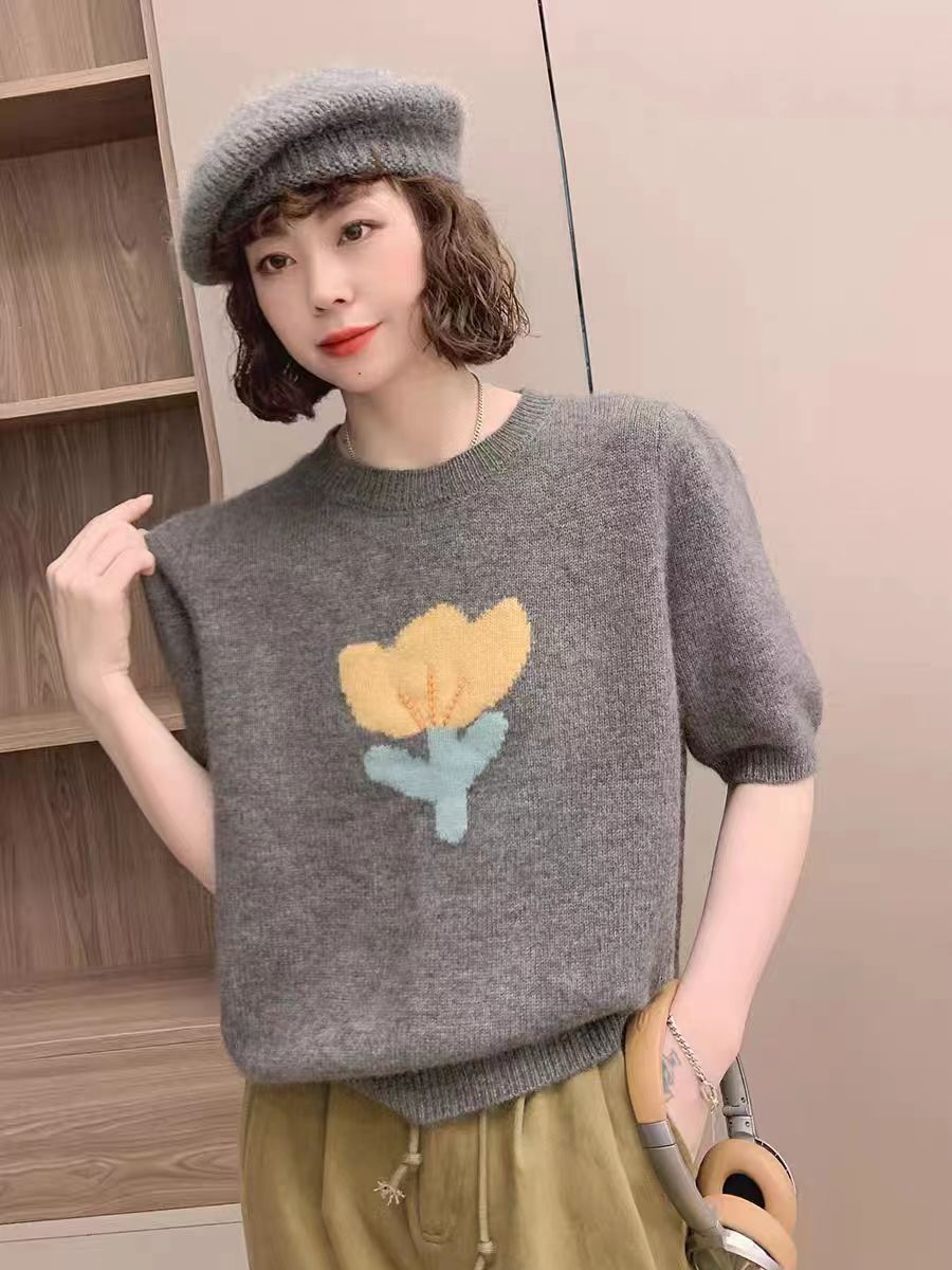 提花短袖針織衫夏季新款減齡休閒拼色冰絲百搭圓領套頭打底衫上衣