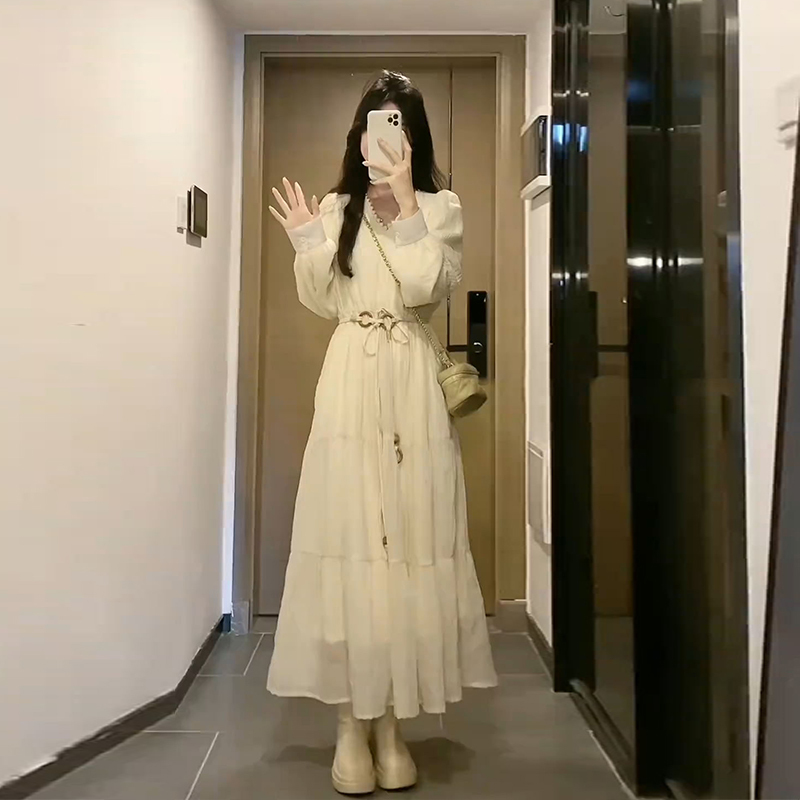 2023新款小個子法式連衣裙子女秋冬季高級感大衣內搭打底仙女長裙