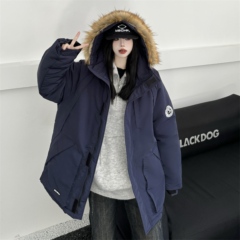 Real shot#Navy blue pie jacket women's 2023 winter Korean version thickened workwear large fur collar cotton jacket trend