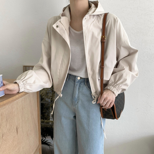 2024 Spring Clothing Korean Versatile Hooded Zipper Loose Casual Versatile Solid Color Long Sleeve Short Jacket for Women