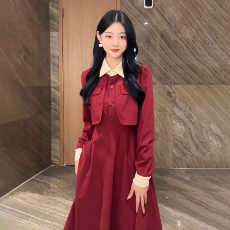 聖誕穿搭新年戰袍紅色連衣裙子女2023新款秋冬季小香氣質長裙套裝