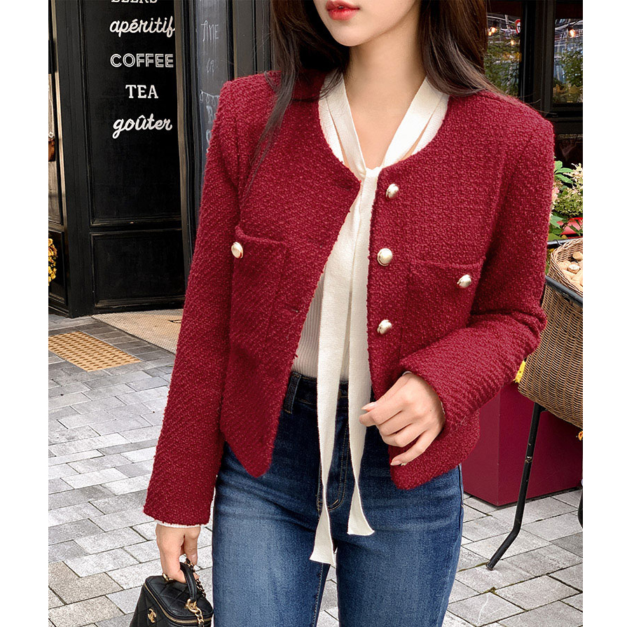 2024 Spring and Autumn New Korean Style Simple Versatile Round Neck Small Fragrant Style Tweed Short Jacket Female Socialite Style Top