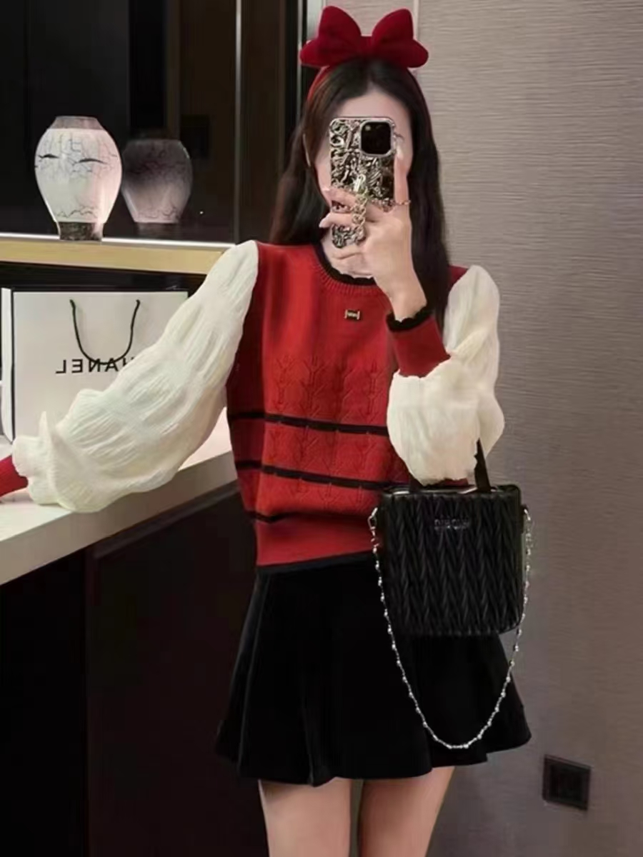 2024 Spring Fashionable and Western Style Spliced ​​Long Sleeve Pullover Knitted Half Turtle Collar Casual and Versatile Fake Two-piece Top