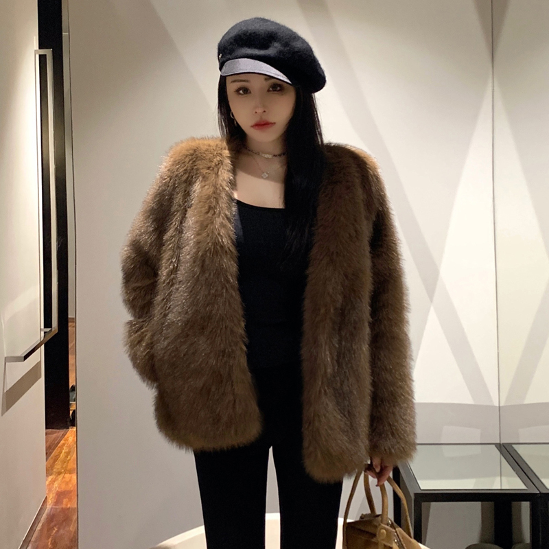 Real shot brown mid-length temperament socialite eco-friendly fur coat high-end thickened winter coat