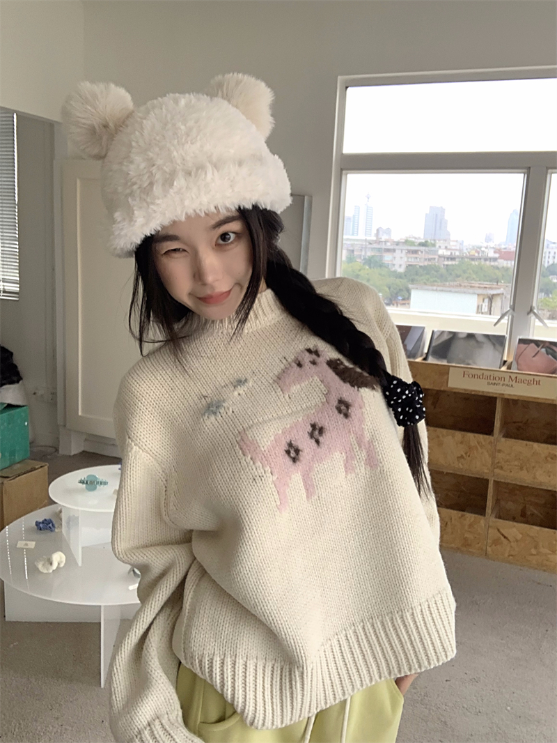 實拍  卡通提花寬鬆圓領毛衣
