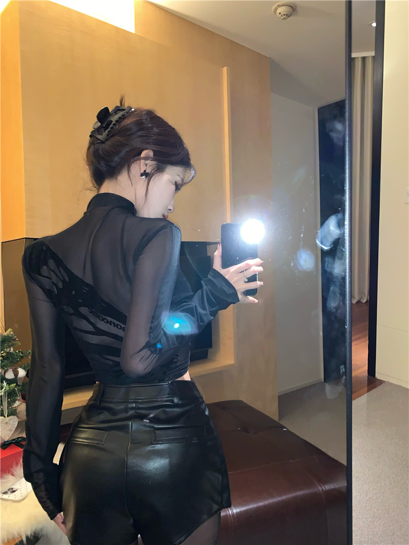 實拍 半高領網紗拼接打底衫女秋冬季設計感辣妹純欲內搭上衣
