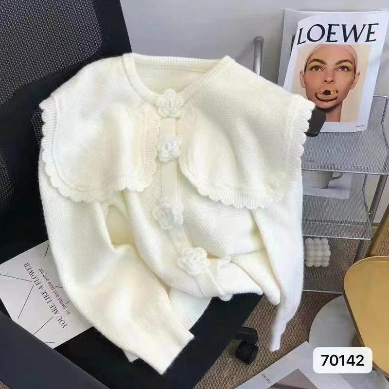 秋冬韓系chic娃娃領手工花朵小香風氣質名媛針織外套慵懶風毛衣女