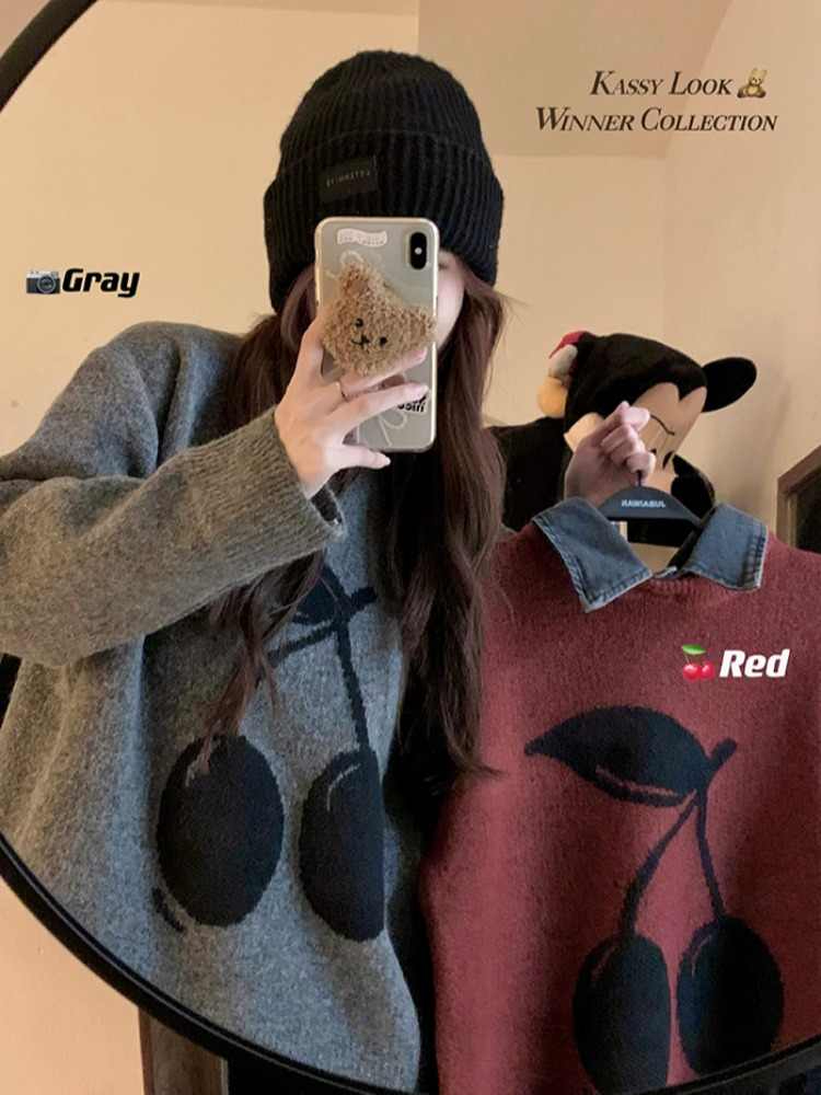 Winter Korean style loose lazy style cherry jacquard fake two-piece knitted pullover sweater for women