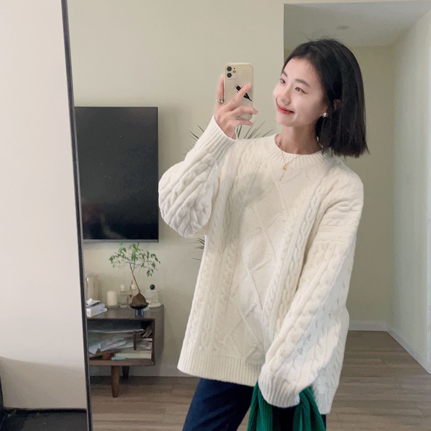 奶fufu慵懶白色麻花套頭毛衣女秋冬時尚洋氣寬鬆百搭打底羊絨上衣