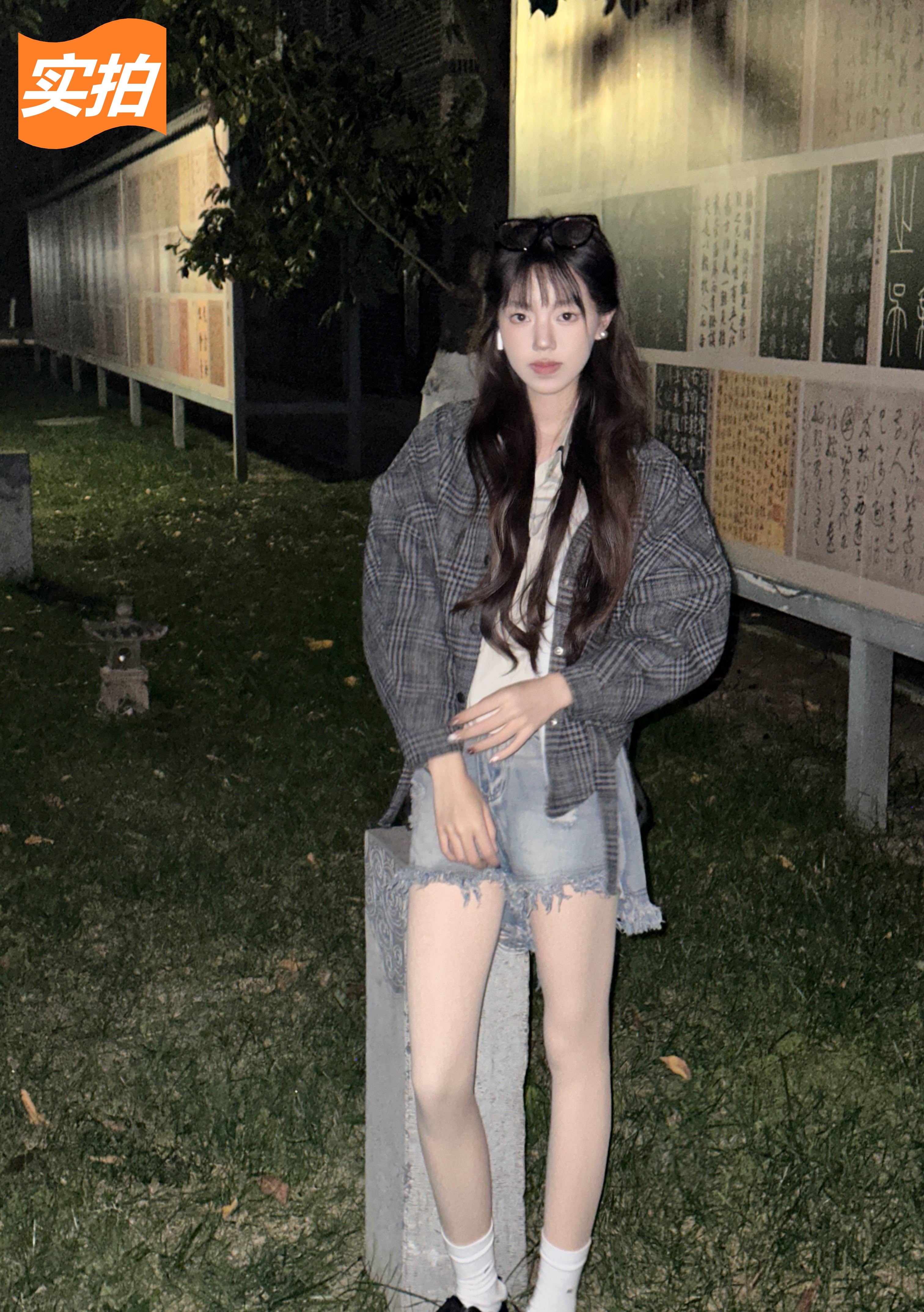 日系復古灰色格紋設計毛呢開衫外套女秋冬寬鬆顯瘦加絨短款上衣