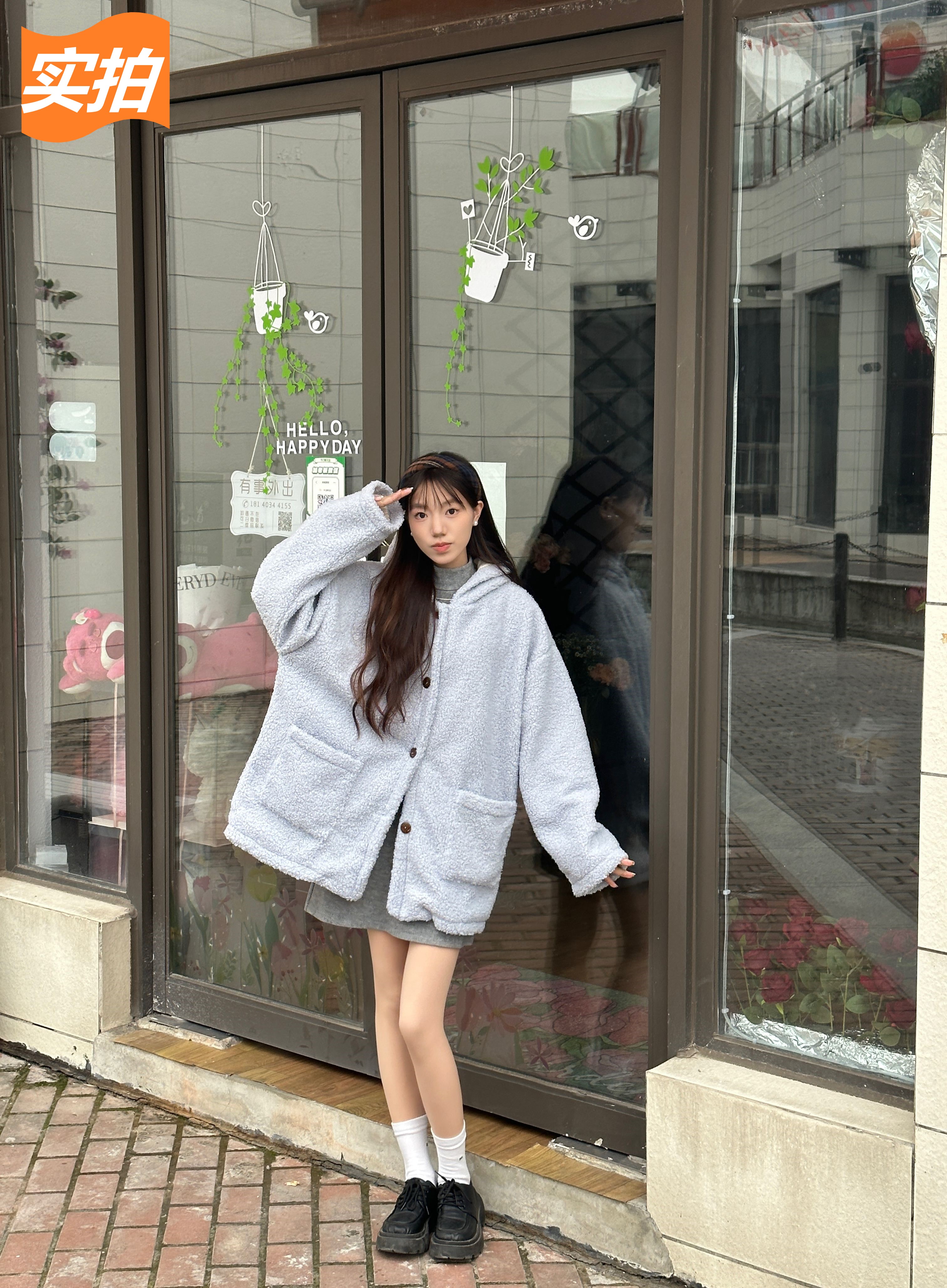暖冬穿搭羊羔絨毛茸茸韓系少女外套大碼寬鬆顯瘦百搭連帽羊毛上衣