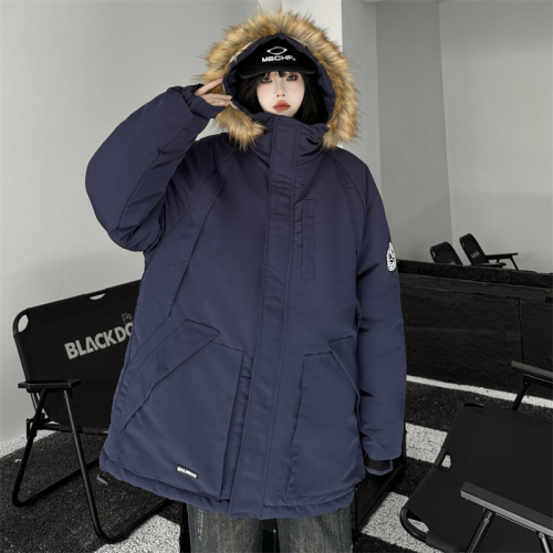 Real shot#Navy blue pie jacket women's  winter Korean version thickened workwear large fur collar cotton jacket trend