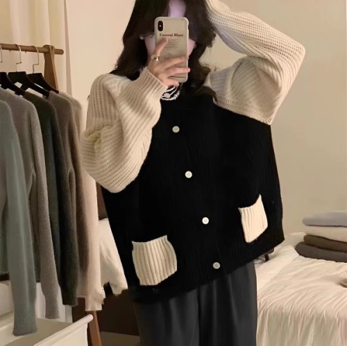 Korean style versatile long-sleeved round neck sweater sweater jacket for women new loose soft waxy cardigan thick top