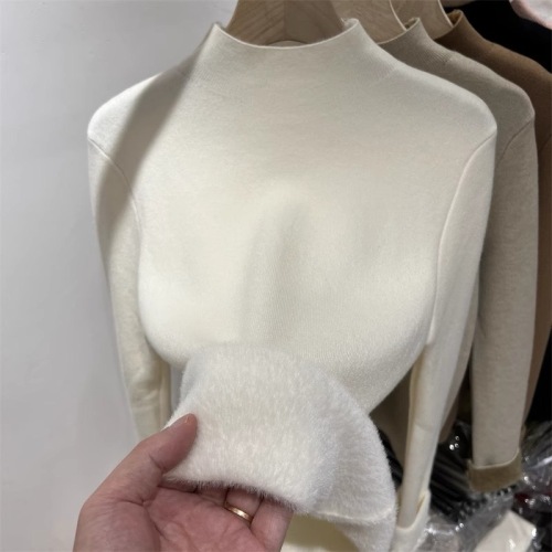Fleece-lined thickened one-piece fleece half-high-neck knit sweater for women,  autumn/winter new mink fleece slim-fit base sweater