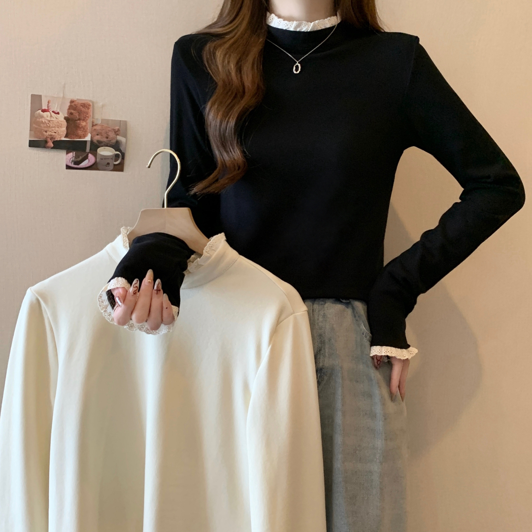 長袖內搭甜妹蕾絲花邊打底衫純欲甜美風
