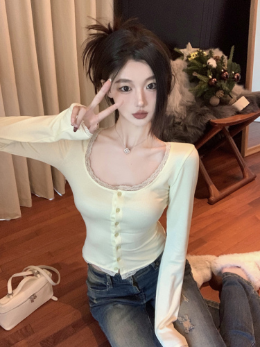 Real shot of designer niche brushed dyed lace long-sleeved bottoming T-shirt top for women