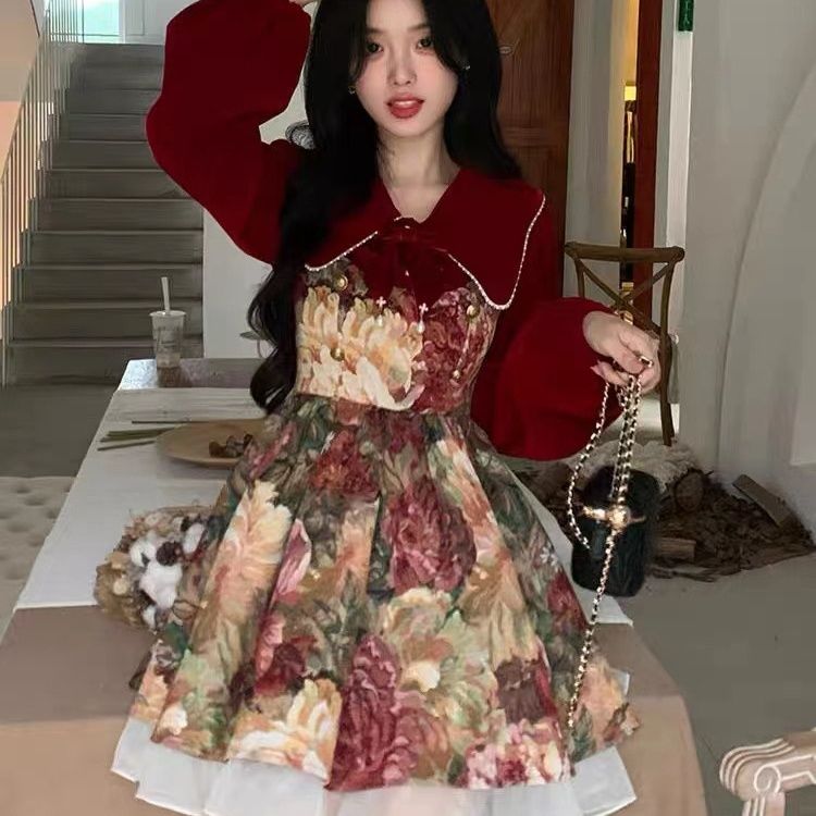 原版做法+拉鏈里布2023年新款紅色過年兩件套裝裙女秋冬季款