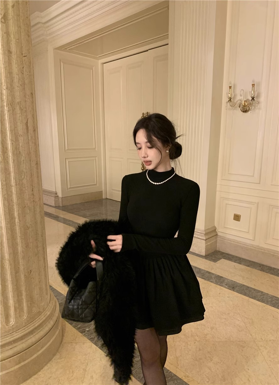 French style half-high collar gold-style dress with waist and slimming princess tutu skirt for women 2024 new autumn and winter