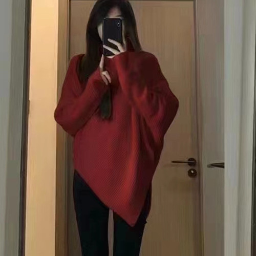 Irregular turtleneck sweater for women  autumn and winter new style gentle Korean New Year red lazy style thickened