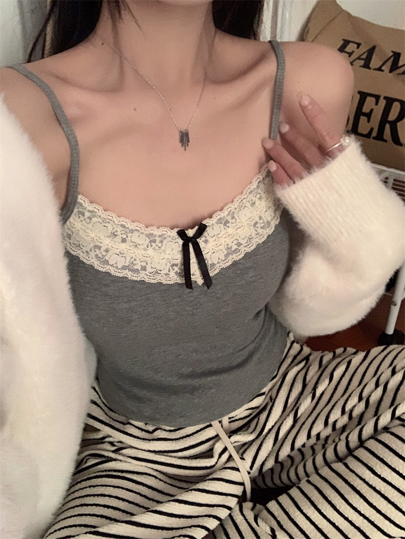 實拍  蝴蝶結蕾絲邊吊帶背心加厚撞色修身內搭打底衫上衣