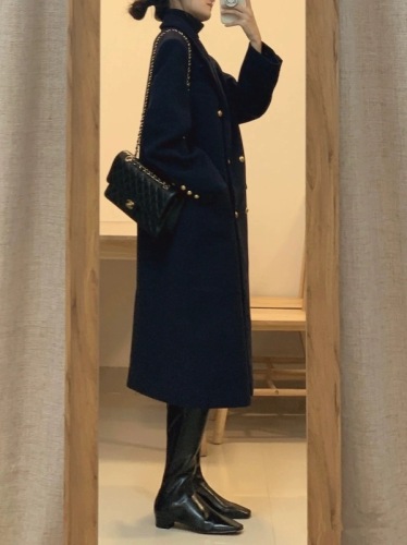 Black woolen coat women's mid-length  autumn and winter new Korean style Hepburn style loose thickened woolen coat
