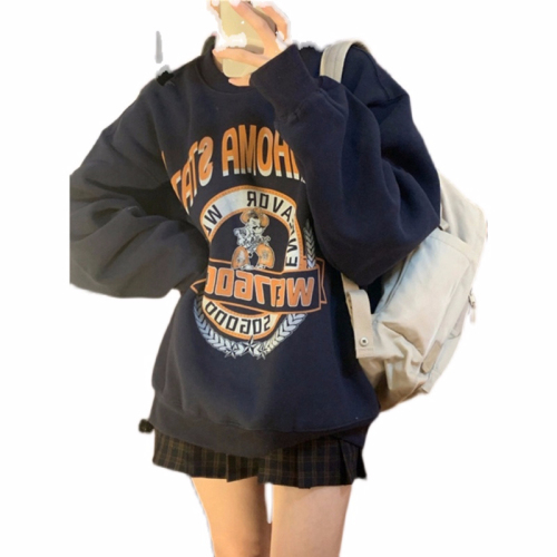 2023 new round neck sweatshirt for women loose autumn and winter heavy velvet thickened American retro hooded top ins