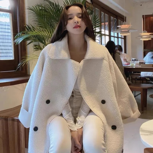 Korean chic autumn and winter gentle temperament large lapel double-breasted loose and versatile long-sleeved lamb wool coat for women
