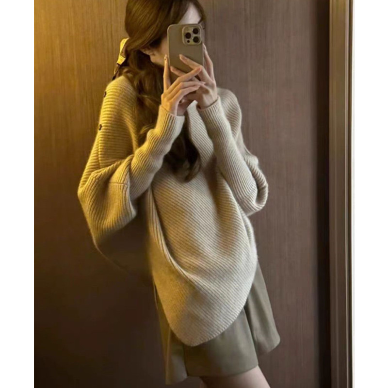 French irregular high-neck soft waxy pullover sweater for women in autumn and winter, loose and lazy style thickened sweater top
