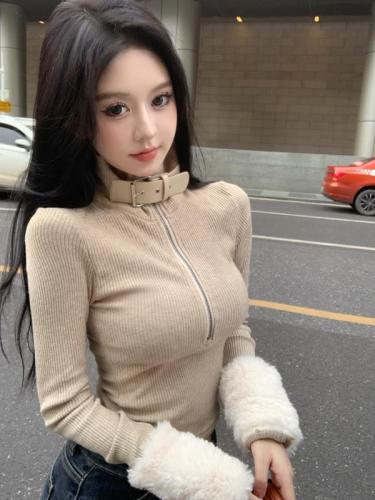 Actual shot of new autumn and winter design zipper stand collar slim fit detachable furry sleeve top