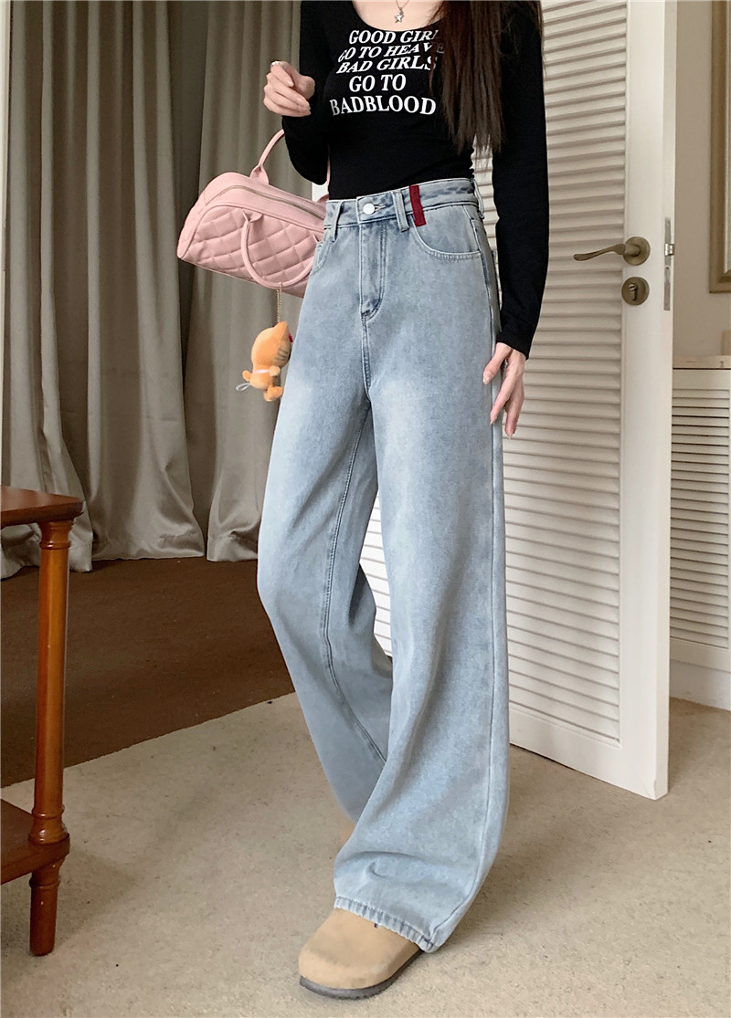 Real shot~Color-block embroidered straight jeans for women, retro washed light-colored narrow wide-leg pants and boyfriend pants