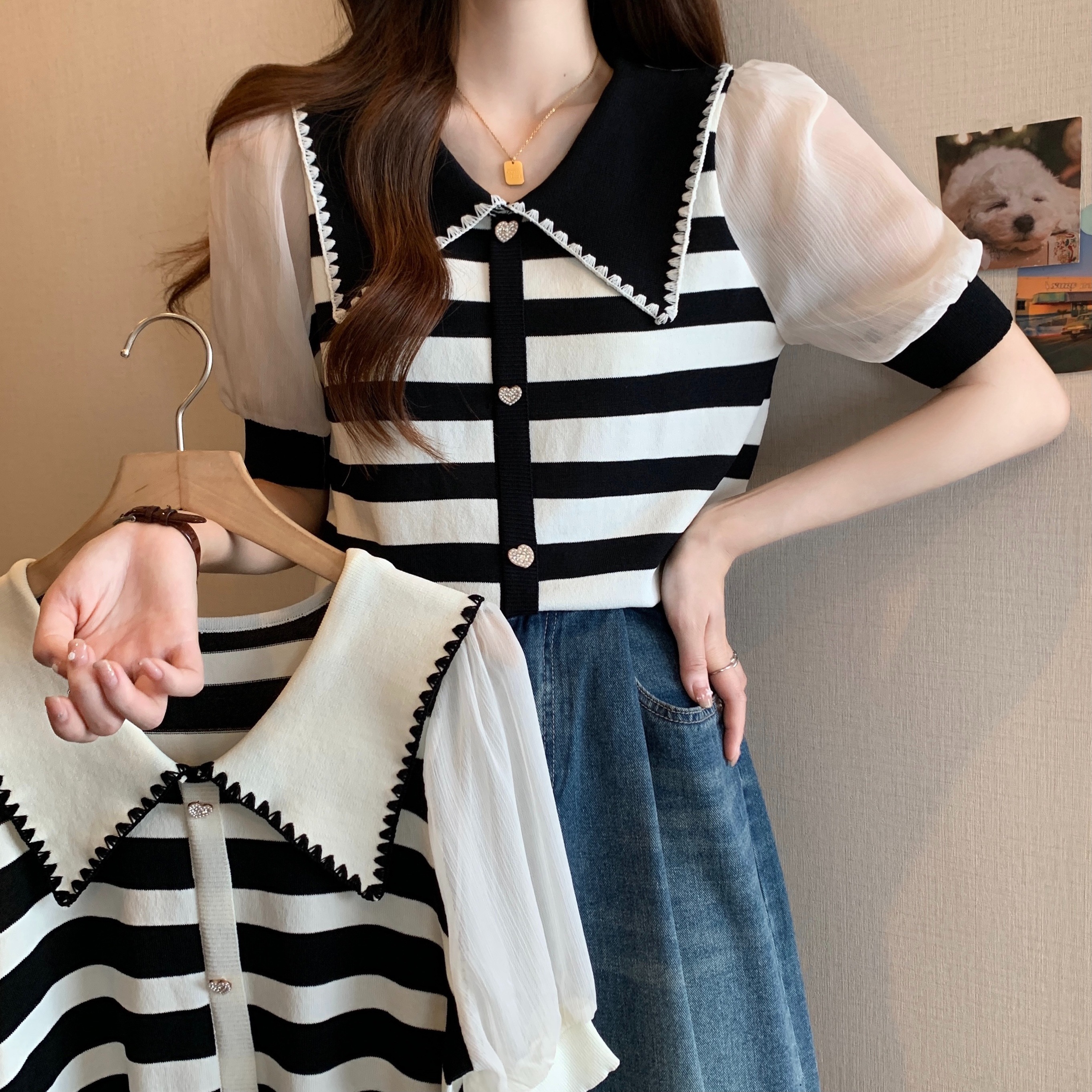 女裝2023夏季新款胖mm時尚韓版百搭娃娃領拼接條紋短袖針織衫