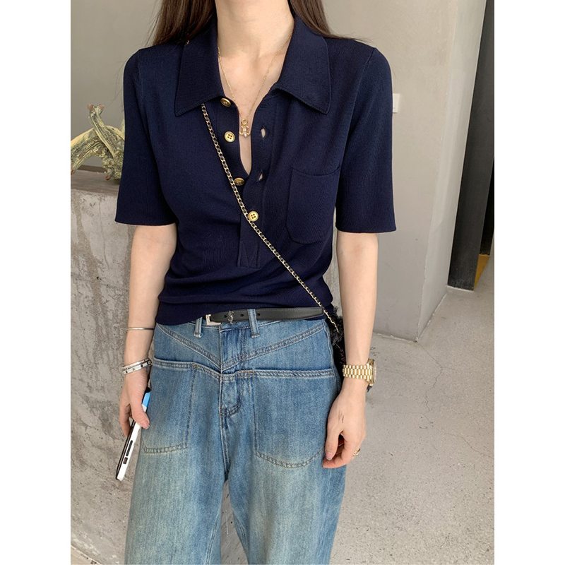 冰絲針織短袖T恤女夏季別致獨特高級感設計感小眾polo衫氣質上衣